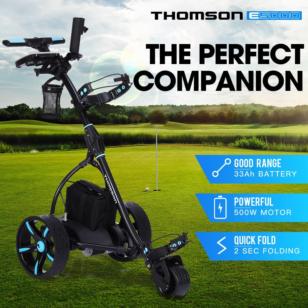 THOMSON Golf Buggy Electric Trolley Automatic Motorised Foldable Cart LED Black - Crafty Golf