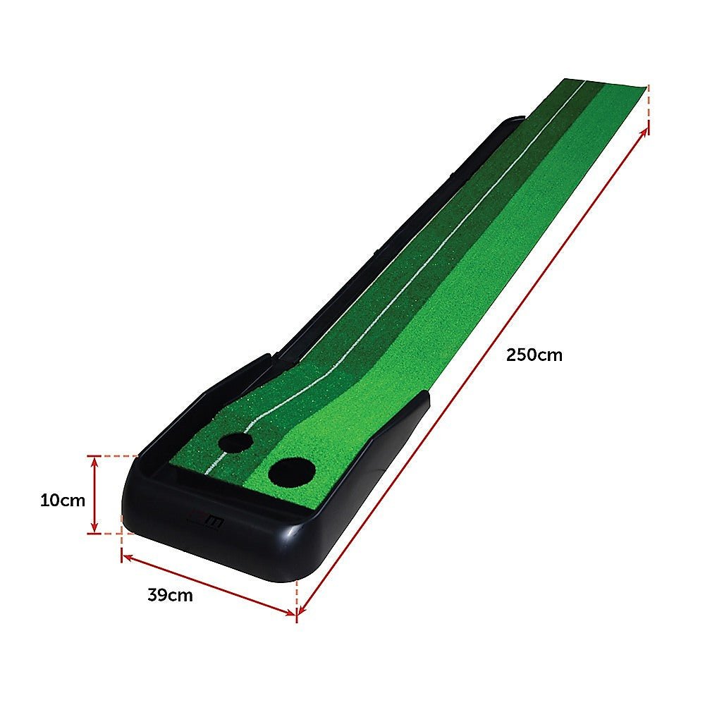 Indoor Practice Putting Green 2.5m Mat Inclined Ball Return Fake Grass 2 Holes - Crafty Golf