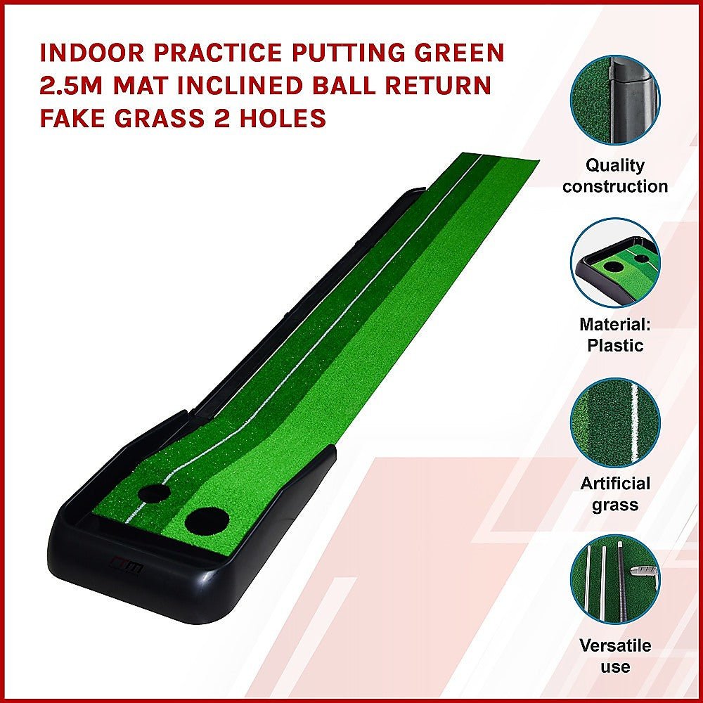 Indoor Practice Putting Green 2.5m Mat Inclined Ball Return Fake Grass 2 Holes - Crafty Golf